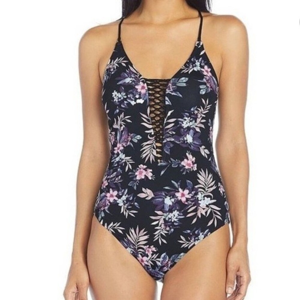 AMBRIELLE Floral One Piece Swimsuit Cut Out Back Modest‎ Built Padded Bra M